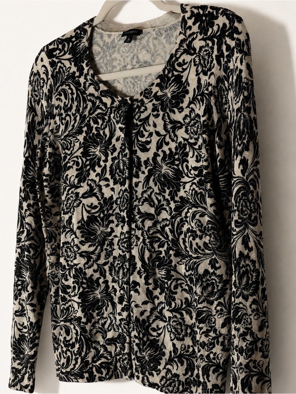 Talbots Damask Metallic Shimmer Cardigan Sweater Black Cream Medium - Picture 4 of 8